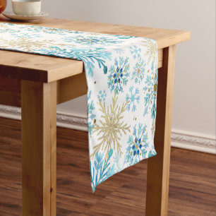 Watercolor Blue and Gold Glitter Winter Snowflakes Short Table Runner