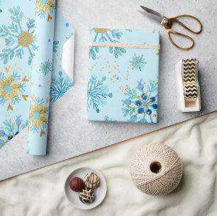 Watercolor Blue and Gold Glitter Winter Snowflakes Wrapping Paper