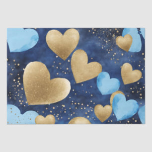 Watercolor Blue and Gold Ink Valentines Hearts Tissue Paper