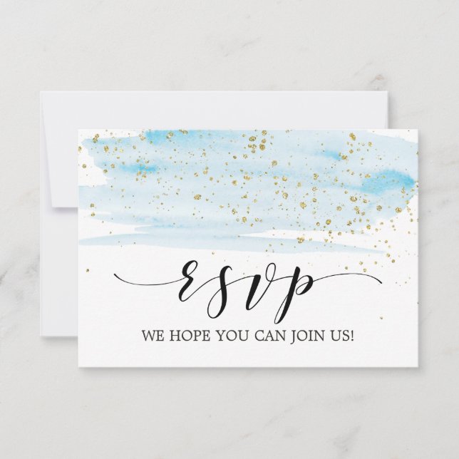 Watercolor Blue and Gold Menu Choice RSVP Card (Front)