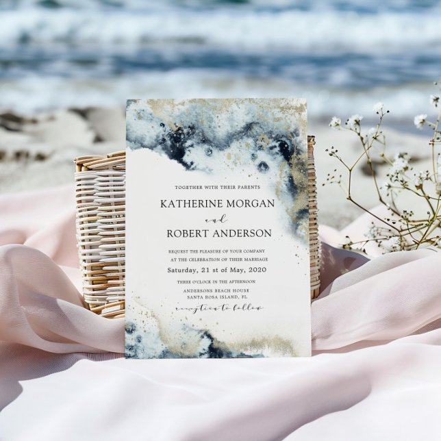 Watercolor Blue and Gold Minimalistic Wedding Invitation (Creator Uploaded)