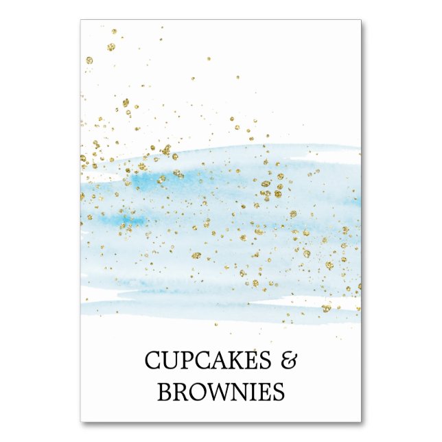 Watercolor Blue and Gold Sparkle Food Tent Cards (Front)