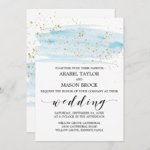 Watercolor Blue and Gold Sparkle Wedding Invitation