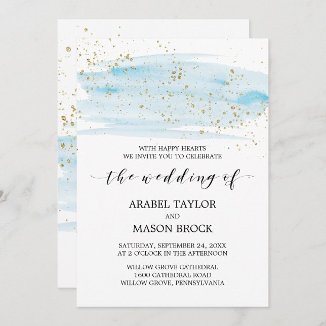 Watercolor Blue and Gold Sparkle Wedding Invitation (Front/Back)