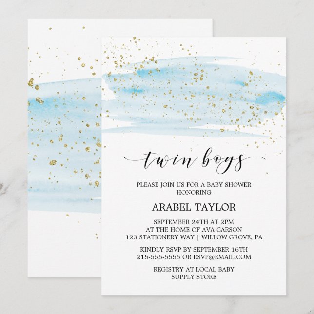 Watercolor Blue and Gold Twin Boys Baby Shower Invitation (Front/Back)