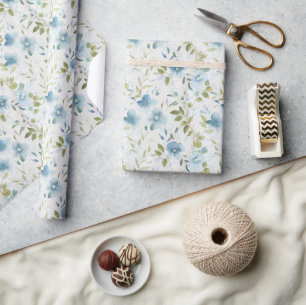 Watercolor Blue and Green Flowers on White Wrapping Paper
