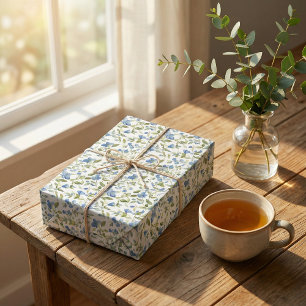 Watercolor Blue and Green Flowers on White Wrapping Paper