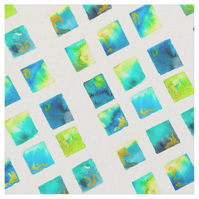 watercolor blue and green squares fabric (Close Up)