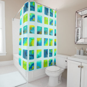 watercolor blue and green squares shower curtain