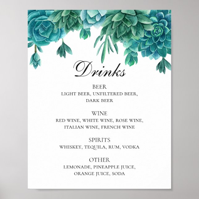Watercolor blue and green succulent wedding drinks poster (Front)