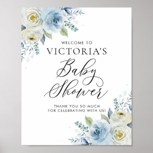 Watercolor Blue and Ivory Roses Baby Shower Poster