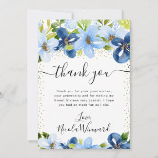 Watercolor Blue and Navy Flowers Sweet 16 Thank You Card