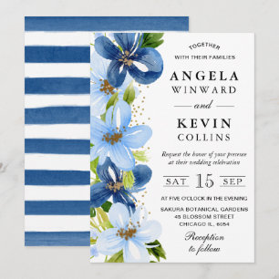 Watercolor Blue and Navy Flowers Wedding Invitation