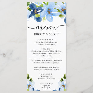 Watercolor Blue and Navy Flowers Wedding Menu