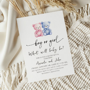 Watercolor Blue and Pink Bear Gender Reveal Invitation