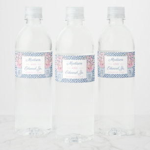 Watercolor Blue And Pink Ginger Jar Wedding Shower Water Bottle Label