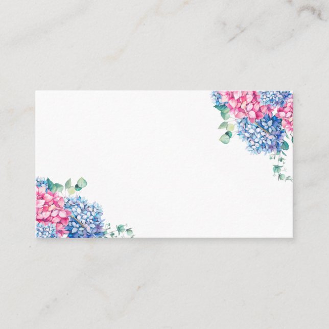 Watercolor Blue and PInk Hydrangea Wedding Place Card (Front)