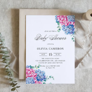 Watercolor Blue and Pink Hydrangeas Baby Shower Invitation