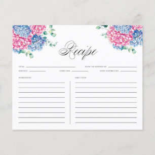 Watercolor Blue and Pink Hydrangeas Recipe Card