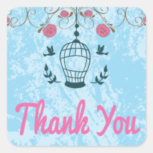 Watercolor Blue And Pink Thank You Floral Birdcage Square Sticker