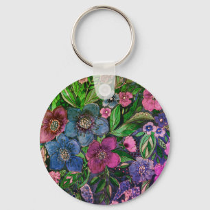 watercolor, blue and purple, anemones watercolor key ring