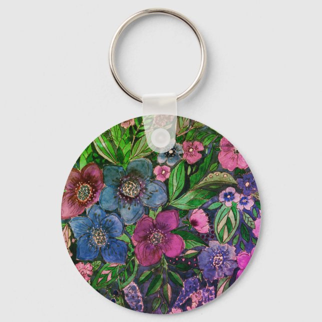 watercolor, blue and purple, anemones watercolor key ring (Front)