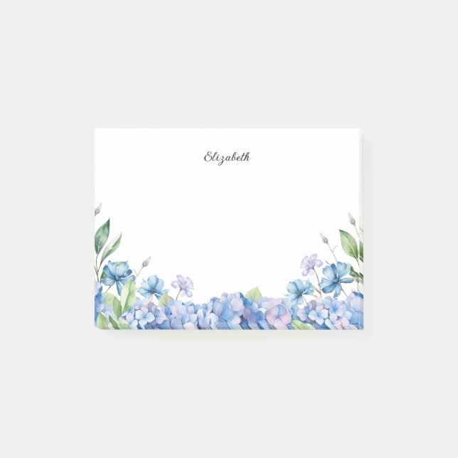 Watercolor Blue and Purple Hydrangeas Personalised Post-it Notes (Front)