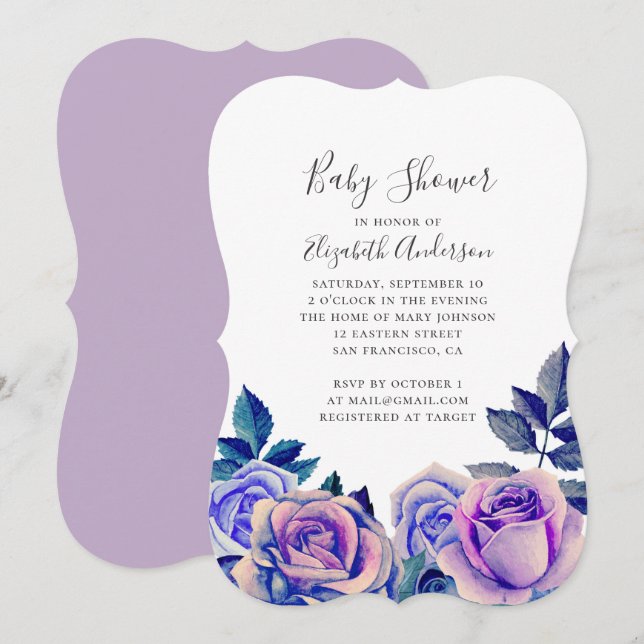 Watercolor blue and purple roses baby shower invitation (Front/Back)