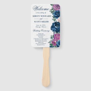 Watercolor Blue and Purple Summer Flowers Wedding Hand Fan