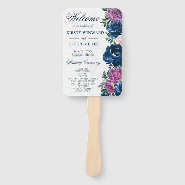 Watercolor Blue and Purple Summer Flowers Wedding Hand Fan (Front)