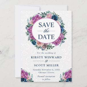 Watercolor Blue and Purple Summer Wreath Wedding Save The Date