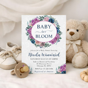 Watercolor Blue and Purple Wreath Baby Shower Invitation