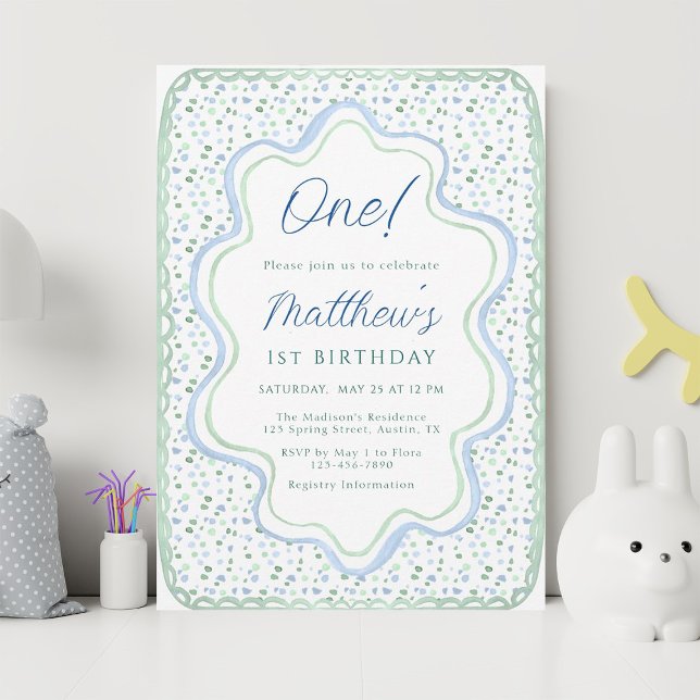 Watercolor Blue and Sage Green 1st Birthday Party Invitation (Creator Uploaded)