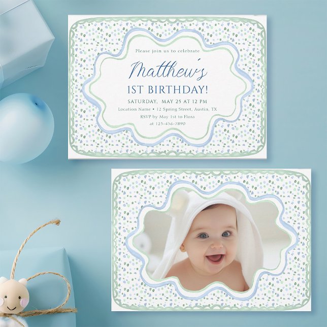 Watercolor Blue and Sage Green 1st Birthday Photo Invitation (Front & Back)