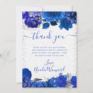 Watercolor Blue and Silver Flowers Sweet 16 Thank You Card