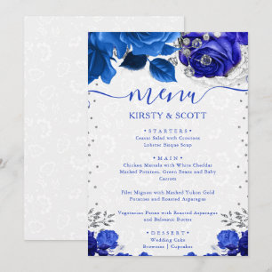 Watercolor Blue and Silver Flowers Wedding Menu