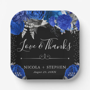 Watercolor Blue and Silver Flowers Wedding Paper Plate