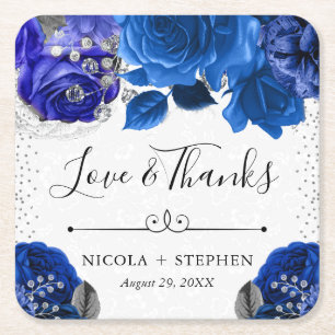 Watercolor Blue and Silver Flowers Wedding Square Paper Coaster