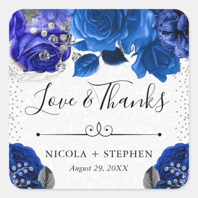 Watercolor Blue and Silver Flowers Wedding Square Sticker (Front)