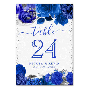Watercolor Blue and Silver Flowers Wedding Table Number