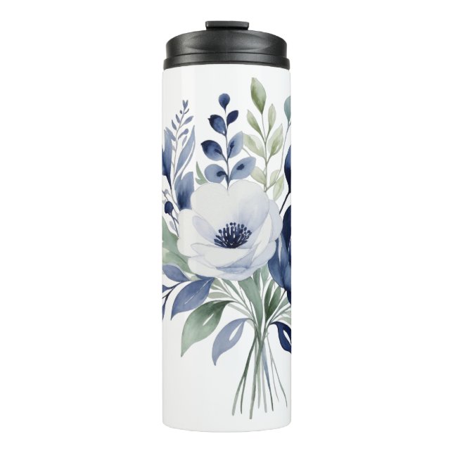 Watercolor Blue and White Floral Bouquet  Thermal Tumbler (Front)