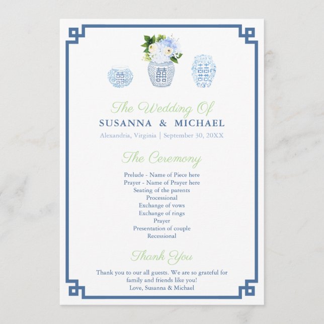 Watercolor Blue And White Ginger Jar Wedding  Programme (Front)