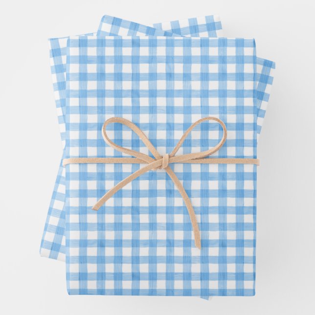 Watercolor Blue and White Gingham Wrapping Paper Sheet (In situ)