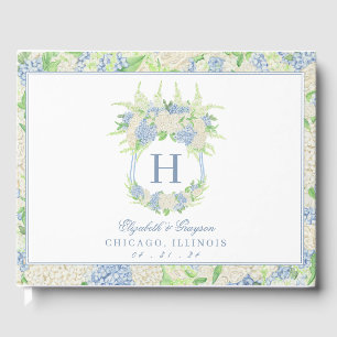 Watercolor Blue and White Hydrangea Crest Guest Book