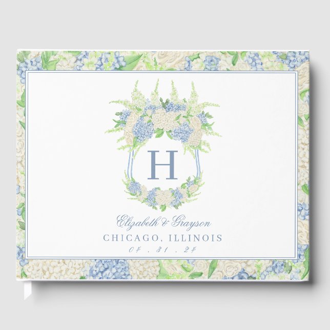 Watercolor Blue and White Hydrangea Crest Guest Book (Front)