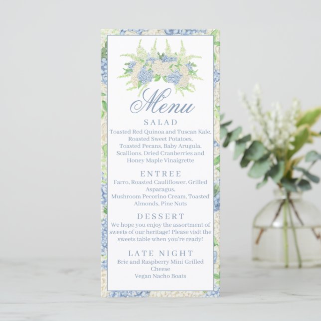 Watercolor Blue and White Hydrangea Crest Menu (Standing Front)