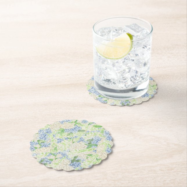Watercolor Blue and White Hydrangea Crest Paper Coaster (Insitu)