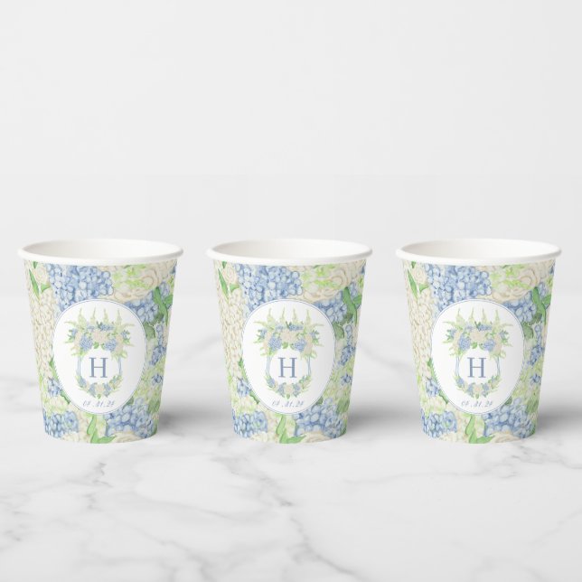Watercolor Blue and White Hydrangea Crest Paper Cups (Multi)