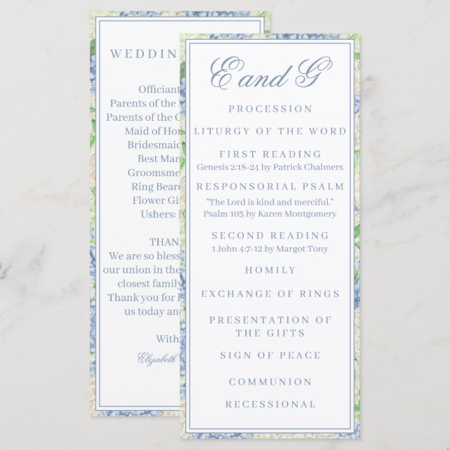 Watercolor Blue and White Hydrangea Crest Program Menu (Front/Back)
