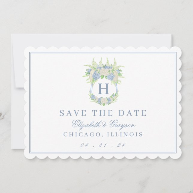 Watercolor Blue and White Hydrangea Crest Save The Date (Front)